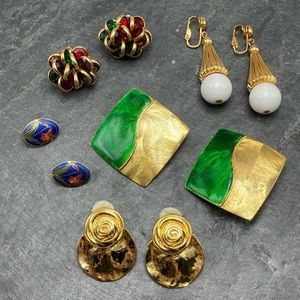 CLIP-ON Women’s Vintage Bundle 5x pairs earrings silver gold cloisonné